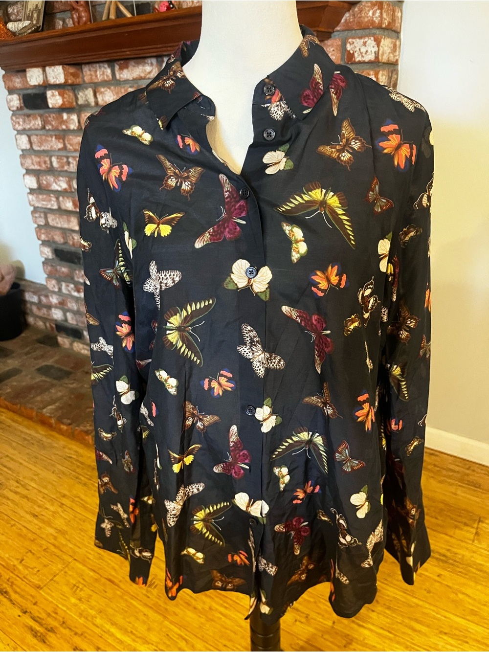 Equipment Black Butterfly Print Silk Button-Up Blouse